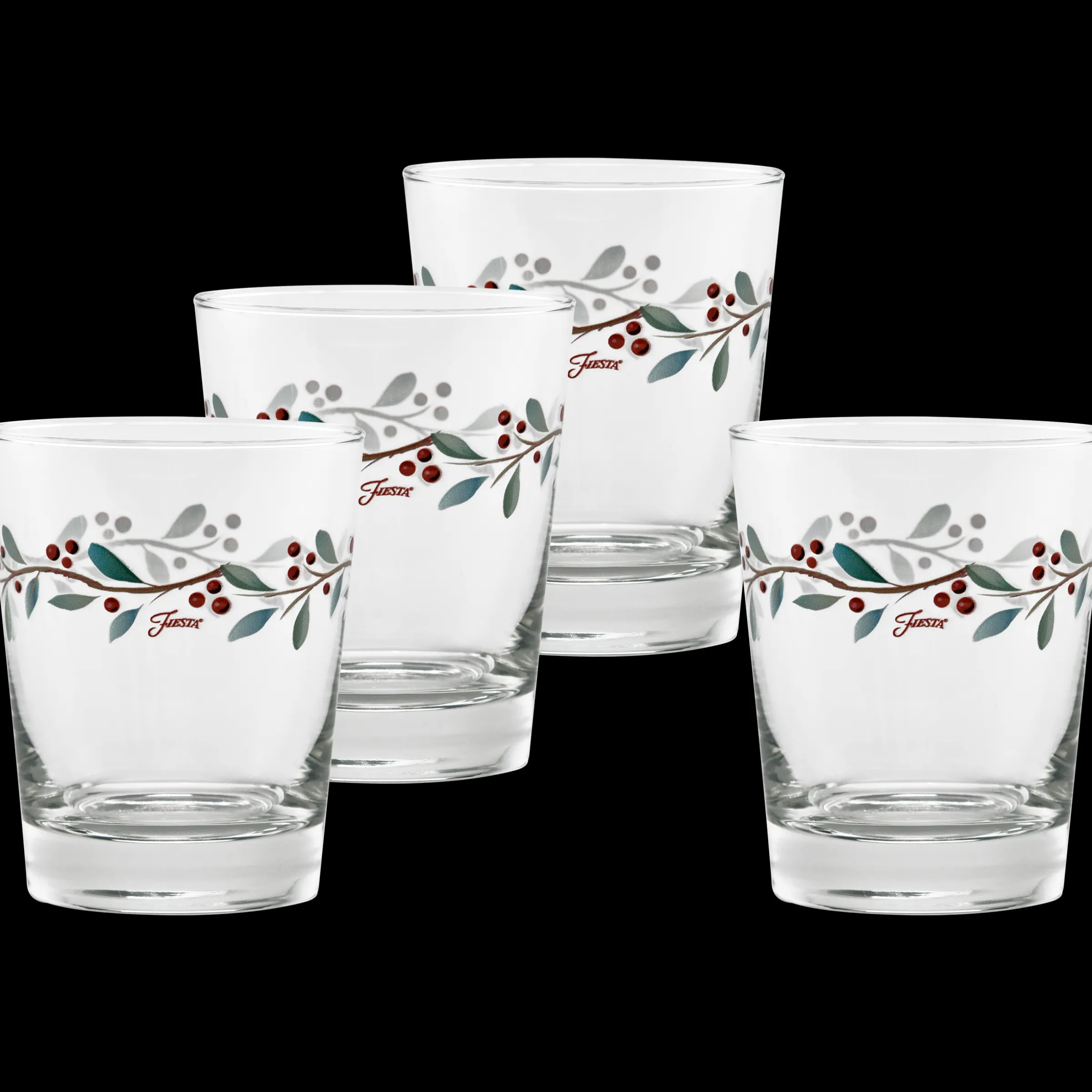 Holly Berry Christmas 15 oz. Tapered Double Old Fashion Glass – Set of 4|Fiesta Factory Direct Best