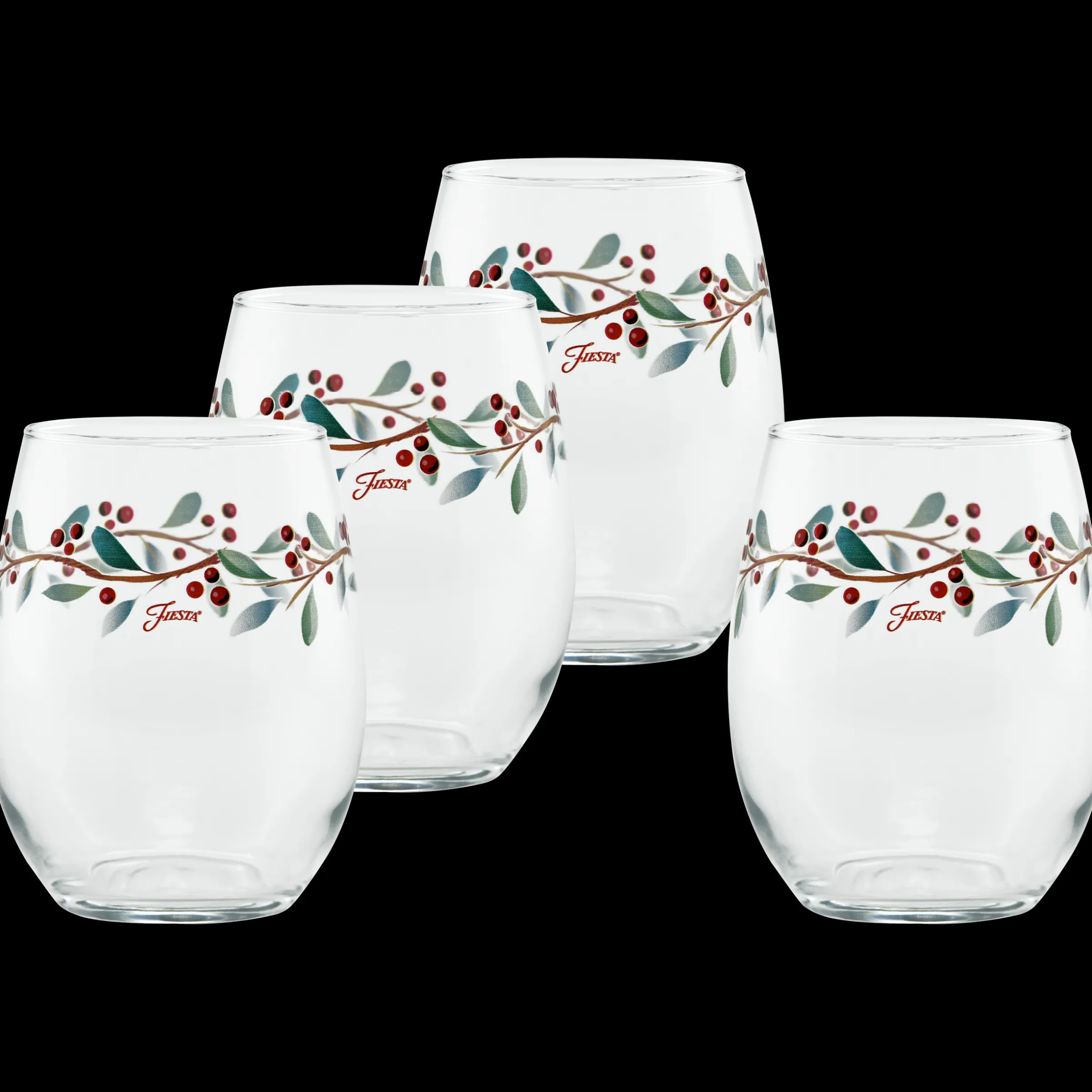 Holly Berry Christmas 15 oz. Stemless Wine Glass – Set of 4|Fiesta Factory Direct Online