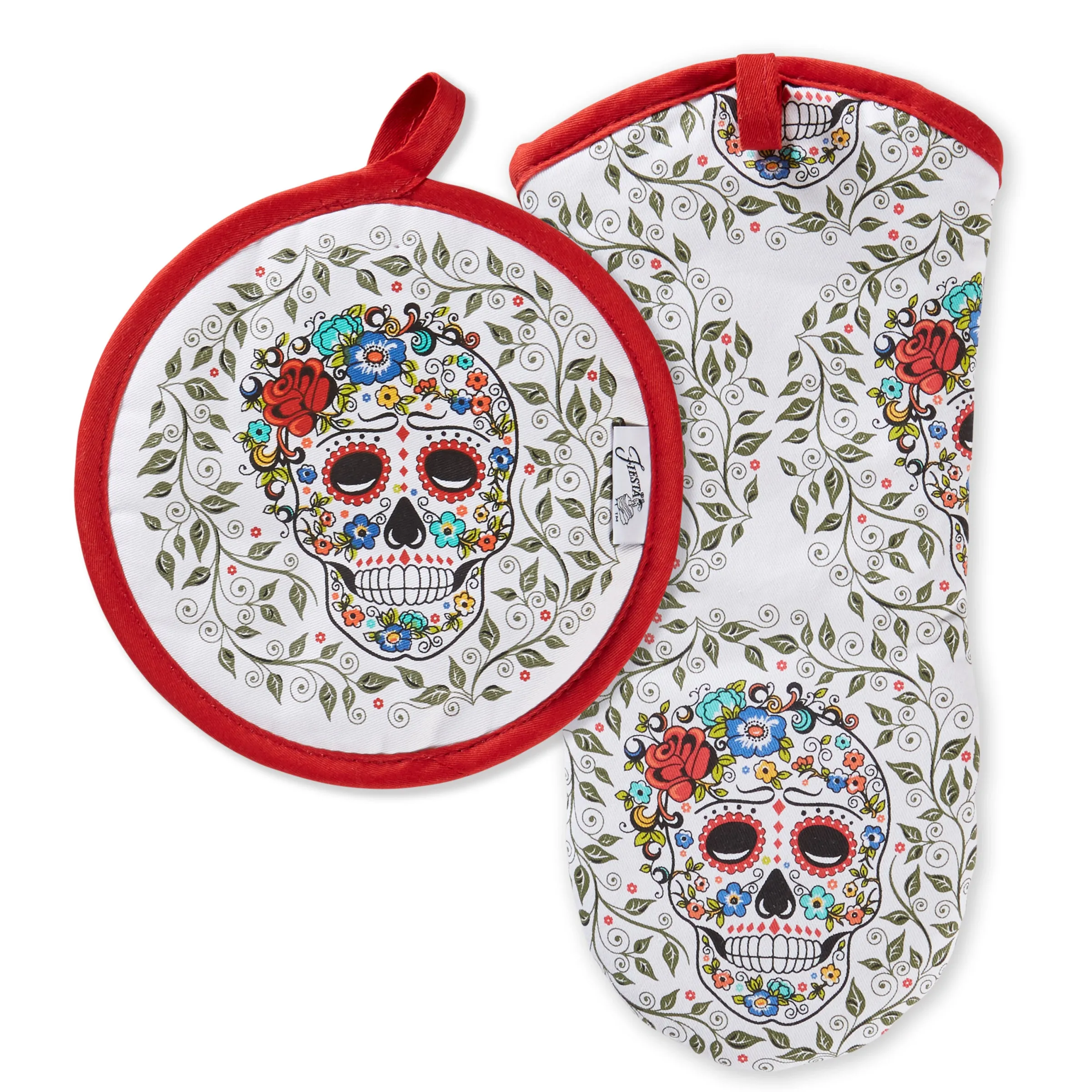 Retired SKULL AND VINE SUGAR Oven Mitt & Pot Holder Set|Fiesta Factory Direct Sale